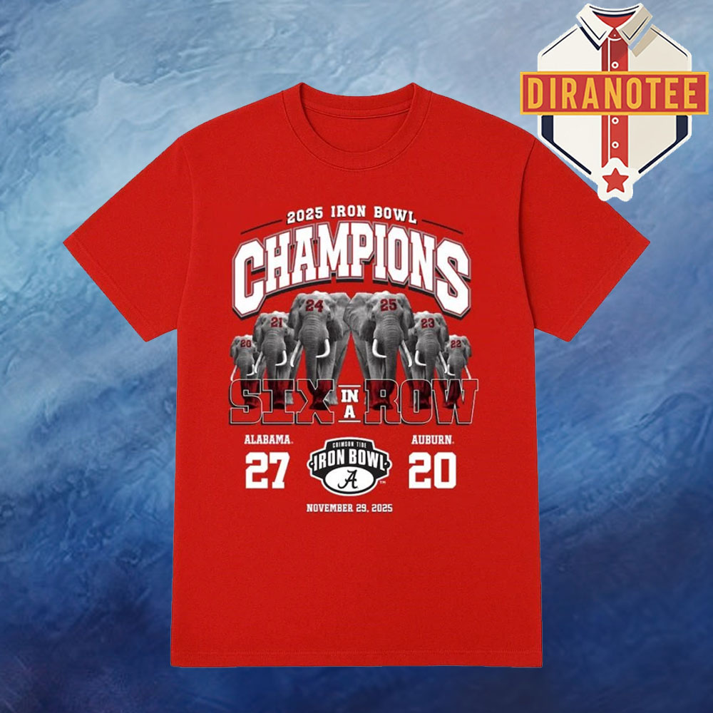 Iron Bowl 2025 Champions Six In A Row Alabama Crimson Tide Football Vs Auburn Tigers Football SEC 20-27 Unisex T-Shirt Iron Bowl 2025 Champions Six In A Row Alabama Crimson Tide Football Vs Auburn Tigers Football SEC 20-27 Unisex T-Shirt