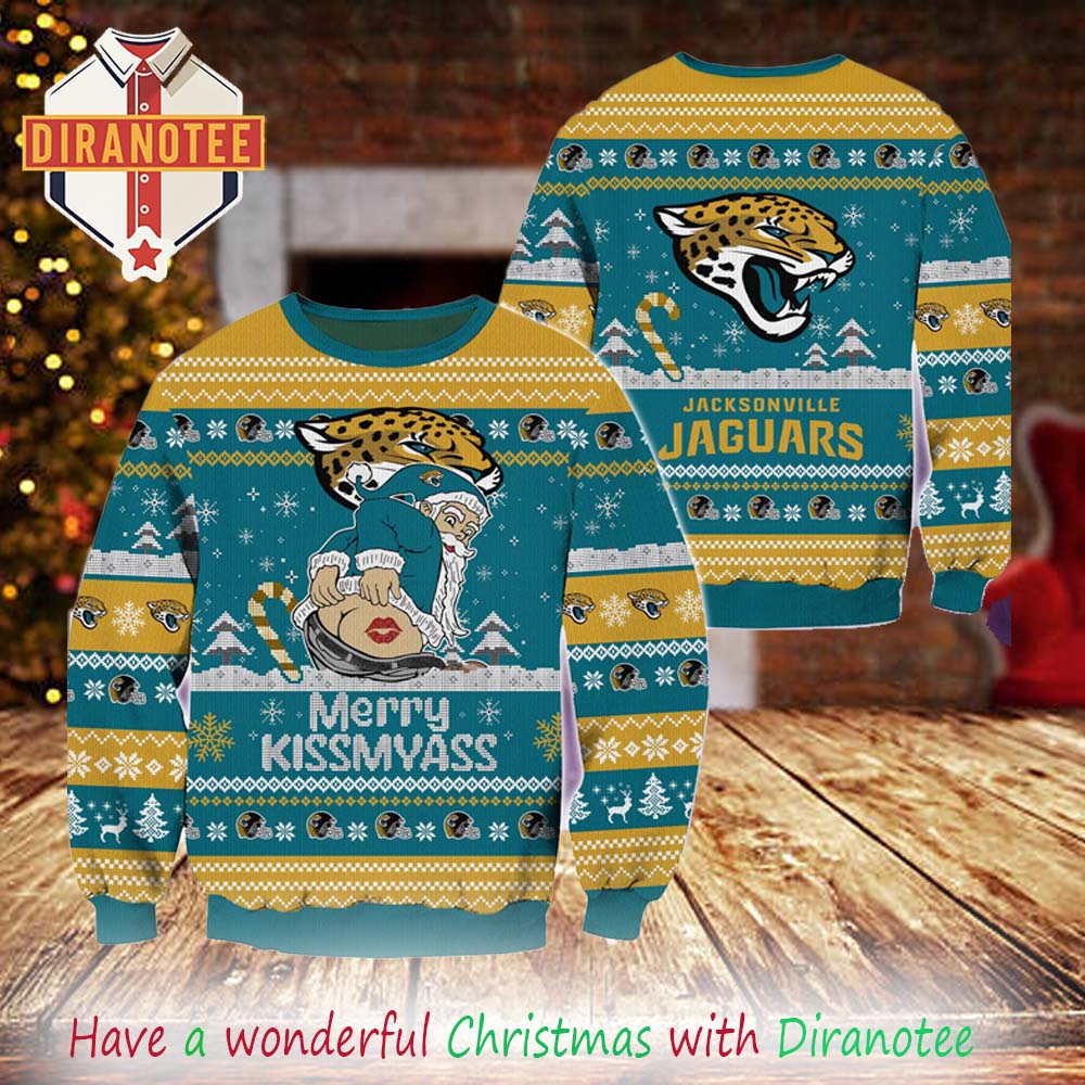 Jacksonville Jaguars NFL 2025 Merrykissmyass Funny Santa Claus Xmas Ugly Christmas Sweater Jacksonville Jaguars NFL 2025 Merrykissmyass Funny Santa Claus Xmas Ugly Christmas Sweater