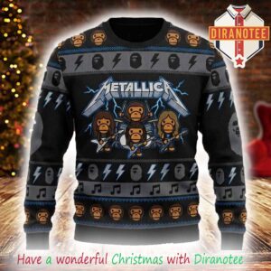 Metallica X Bape Black Gray Blue Knit Pullover Band Logo Lightning Bolt Music Note Pattern Holiday 2025 Ugly Christmas Sweater