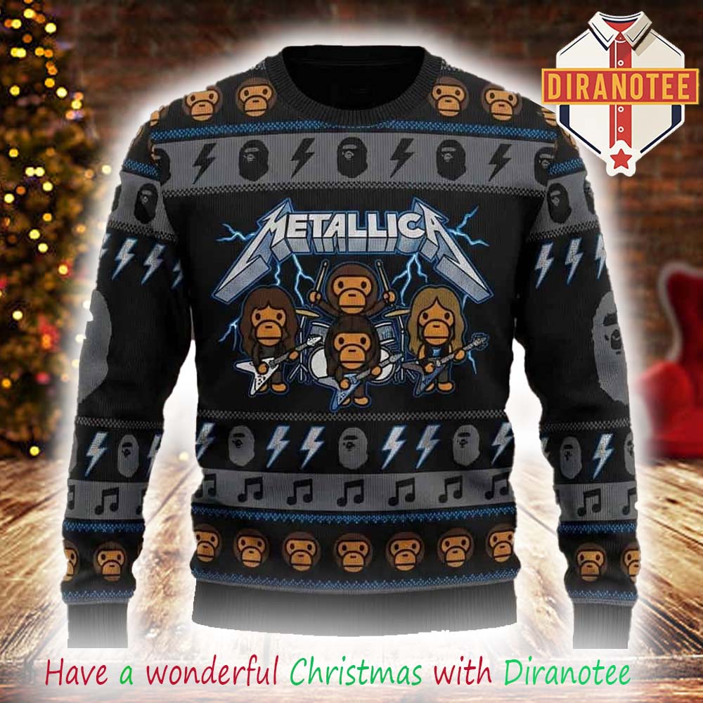 Metallica X Bape Black Gray Blue Knit Pullover Band Logo Lightning Bolt Music Note Pattern Holiday 2025 Ugly Christmas Sweater Metallica X Bape Black Gray Blue Knit Pullover Band Logo Lightning Bolt Music Note Pattern Holiday 2025 Ugly Christmas Sweater